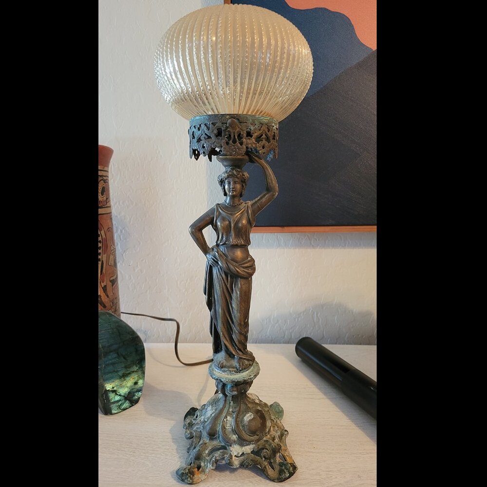 Vintage Figural Art Nouveau–Style Table Lamp | Elegant Beaded Glass Shade)